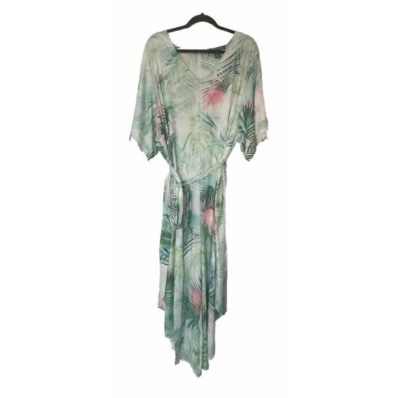 Kate & Mallory Womens 3X Jumpsuit Green Floral Hi Low Stretch Tropical Bat Wing - Picture 1 of 16
